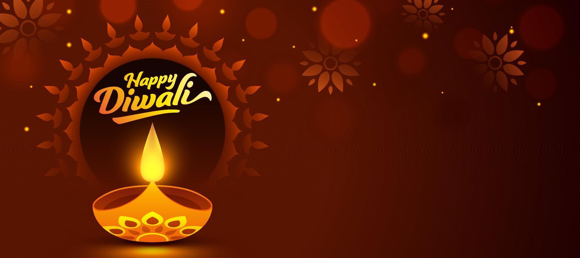 contento Diwali font con illuminato olio lampada e floreale modello decorato su Marrone sfondo. vettore