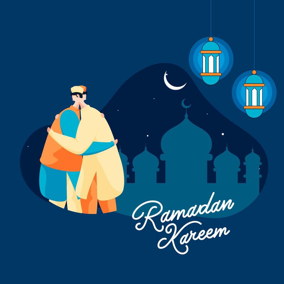 islamico santo mese di Ramadan kareem con illuminato lanterne, moschea, e musulmano uomini abbracciare ogni altro nel mezzaluna Luna su blu sfondo. vettore