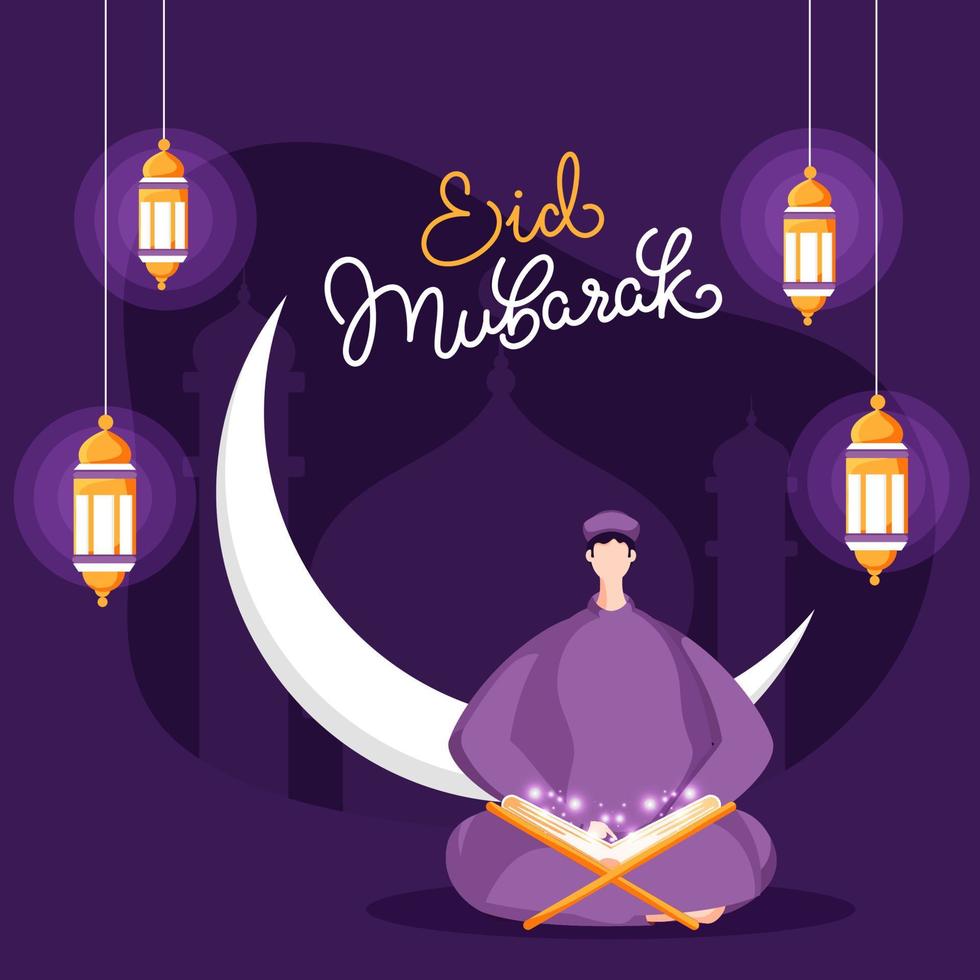 eid mubarak calligrafia con cartone animato musulmano uomo lettura Magia corano, mezzaluna Luna e sospeso lanterne decorato su viola moschea sfondo. vettore
