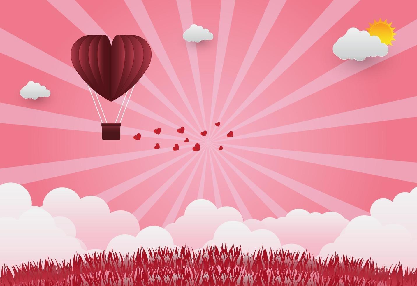 palloncini di San Valentino a forma di cuore che volano sopra il fondo di vista dell'erba, stile di arte della carta. illustratore vettoriale