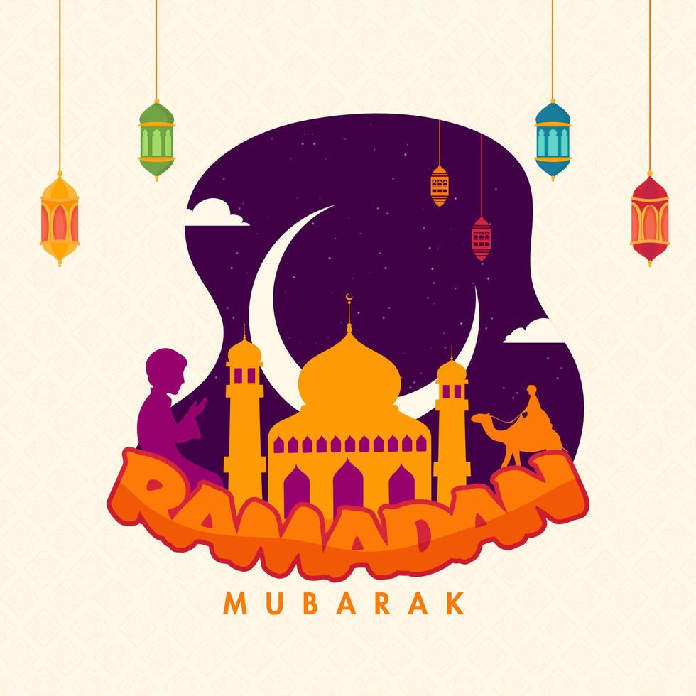 islamico santo mese di Ramadan mubarak concetto con sospeso colorato lanterne, moschea, mezzaluna Luna, e musulmano ragazzo silhouette offerta namaz. vettore
