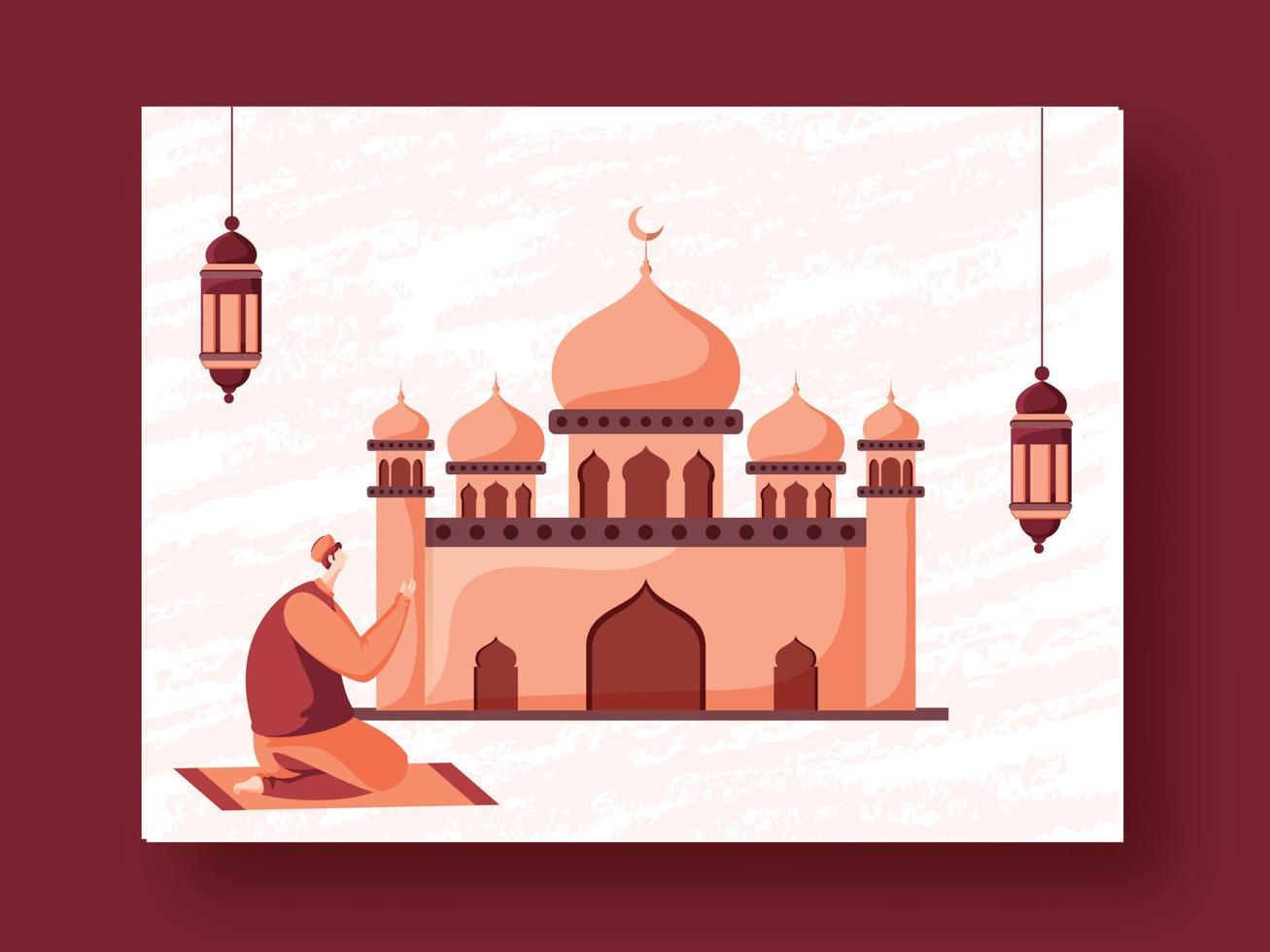illustrazione di musulmano uomo offerta namaz nel davanti di moschea con sospeso lanterne su beige grunge sfondo. vettore