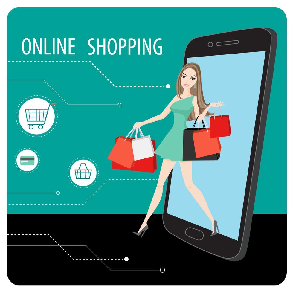 donna shopping in linea attraverso smartphone e Tenere shopping borse nel sua mani, in linea shopping vettore. vettore