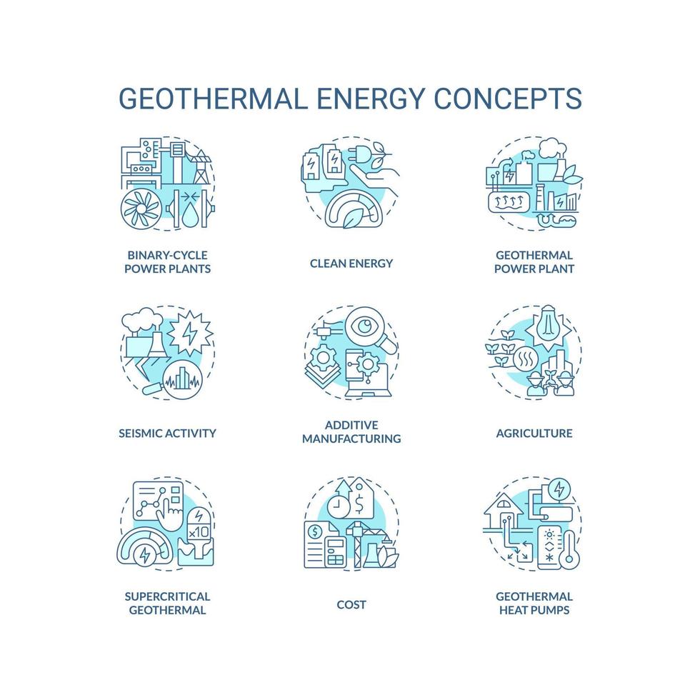 geotermico energia blu concetto icone impostare. energia stazione. creare elettricità idea magro linea colore illustrazioni. isolato simboli. modificabile ictus vettore