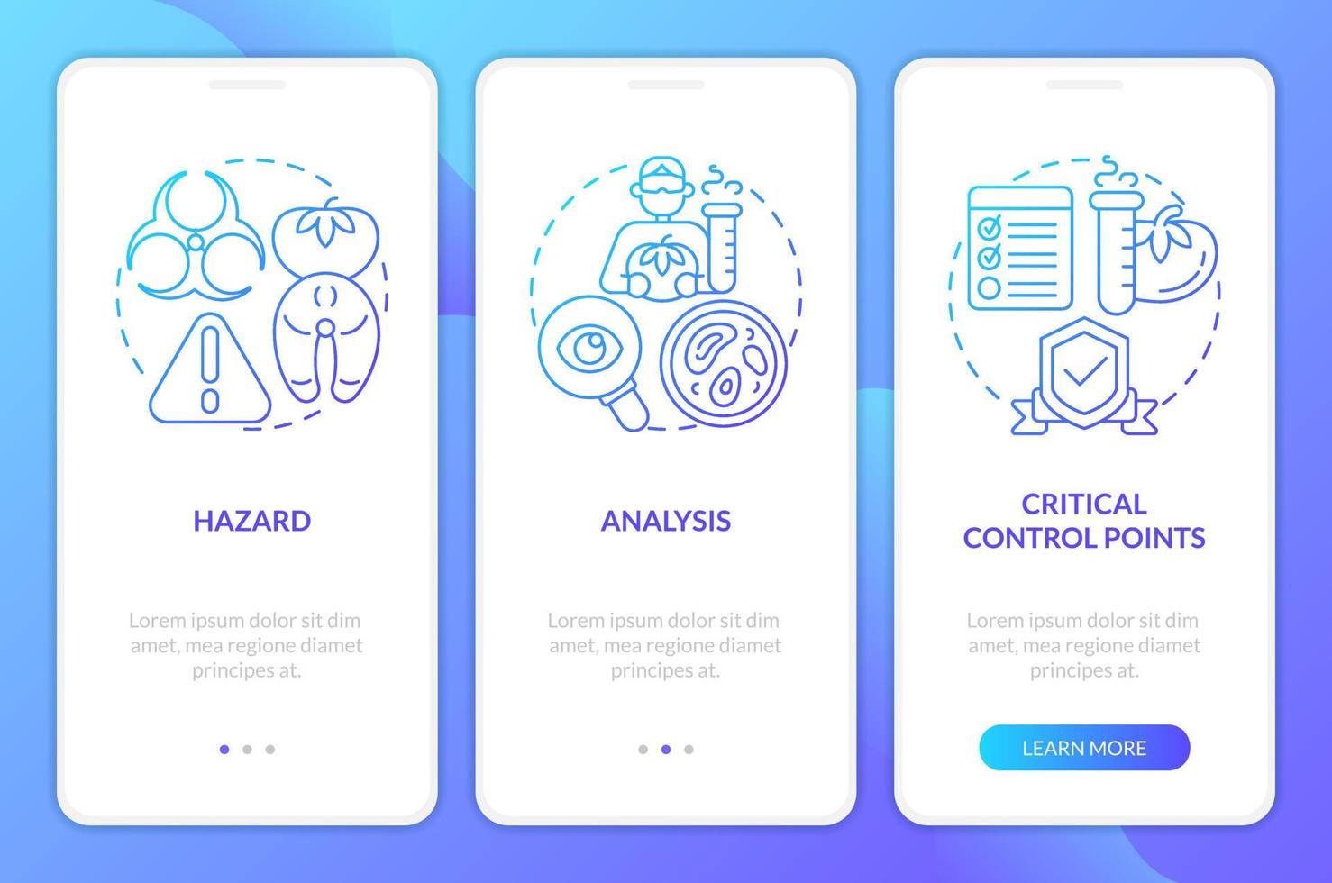 haccp elementi blu pendenza onboarding mobile App schermo. cibo sicurezza Procedura dettagliata 3 passaggi grafico Istruzioni con lineare concetti. ui, ux, gui modello vettore