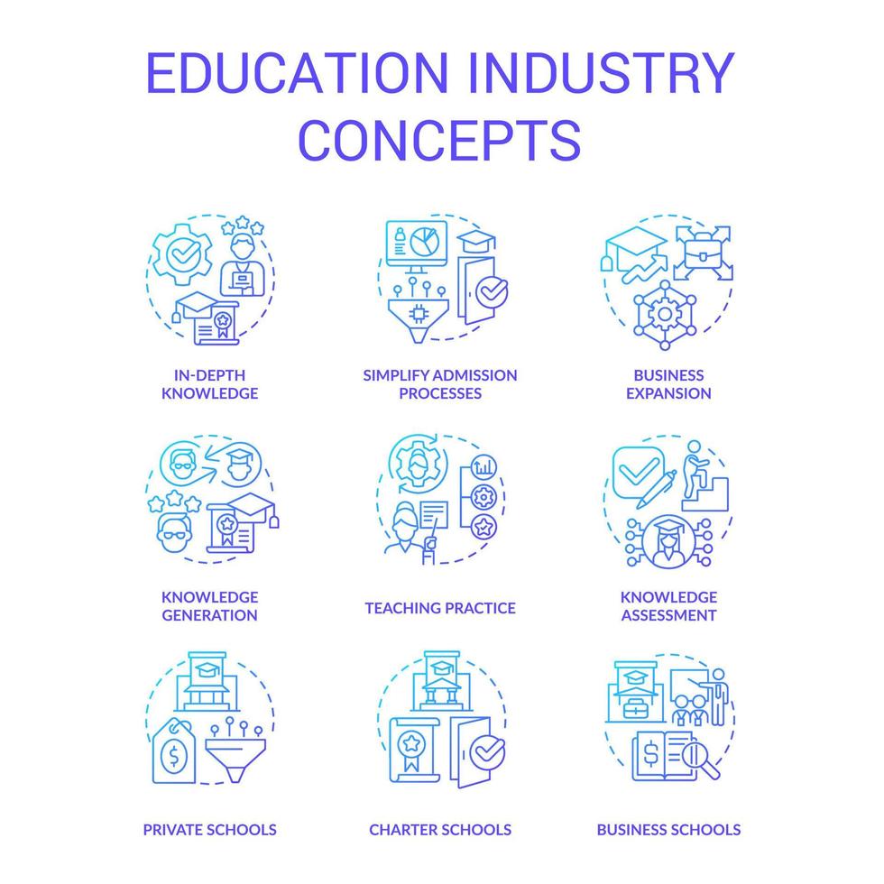 formazione scolastica industria blu pendenza concetto icone impostare. accesso per specifico conoscenza. studiando idea magro linea colore illustrazioni. isolato simboli vettore