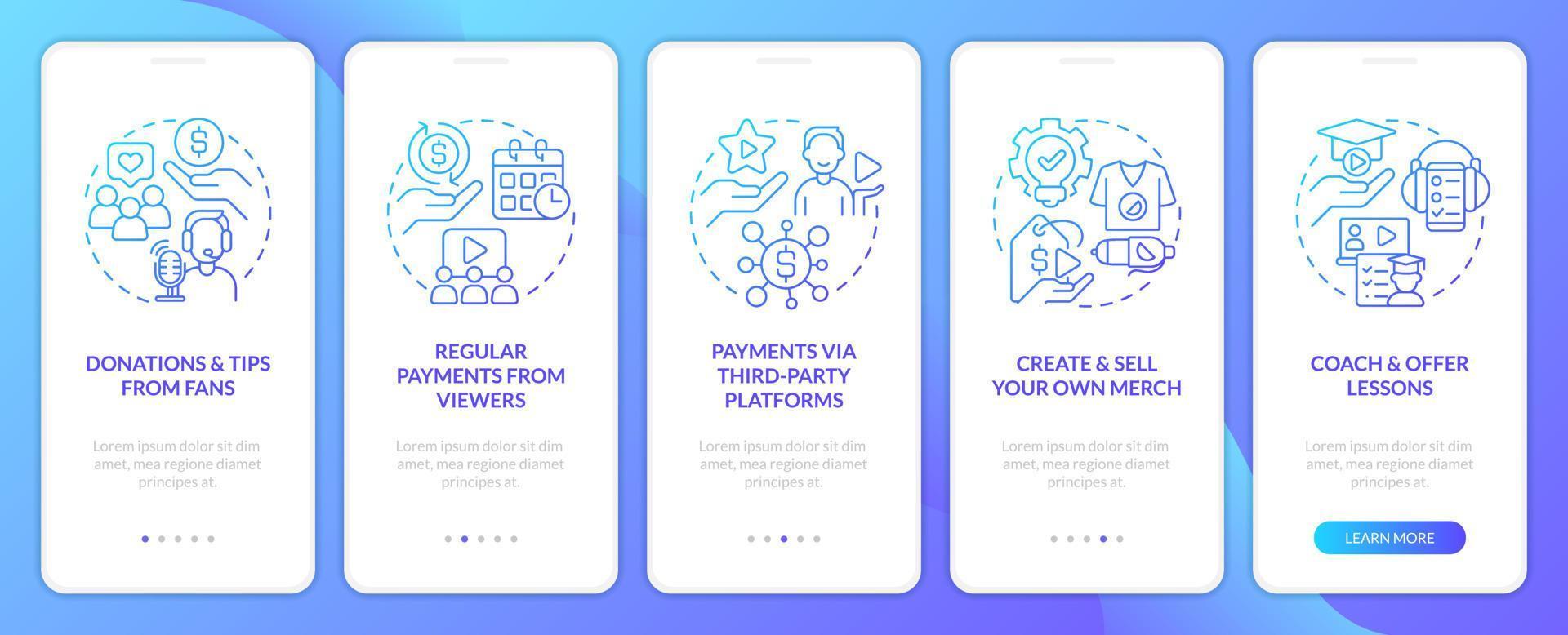 rendere vivente come stella filante blu pendenza onboarding mobile App schermo. Procedura dettagliata 5 passaggi grafico Istruzioni con lineare concetti. ui, ux, gui modello vettore