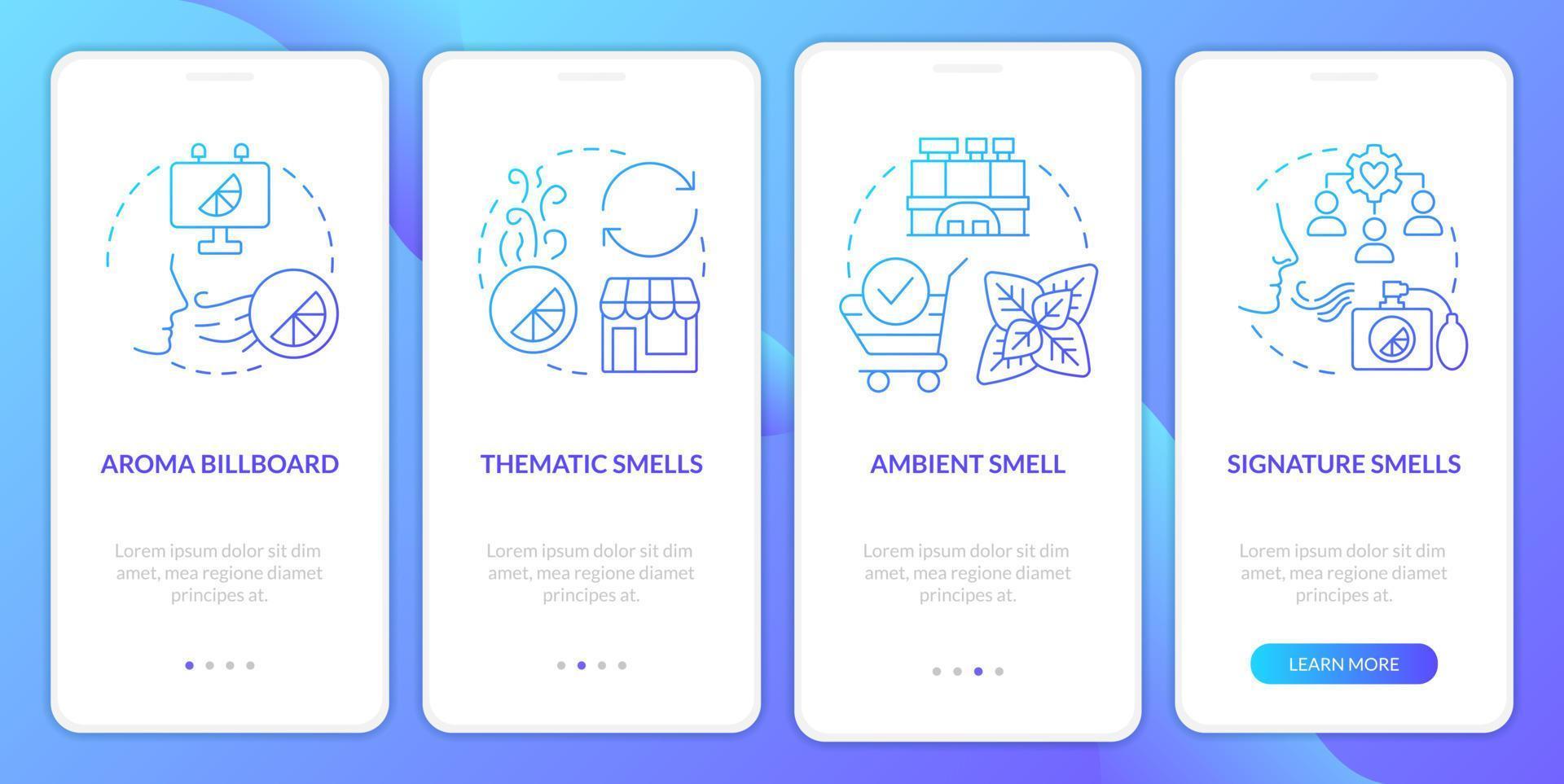 olfattivo il branding tipi blu pendenza onboarding mobile App schermo. Procedura dettagliata 4 passaggi grafico Istruzioni con lineare concetti. ui, ux, gui modello vettore