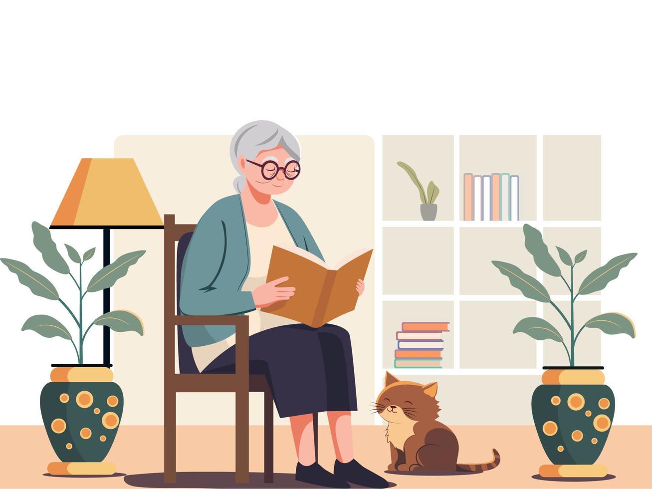 anziano donna personaggio lettura un' libro su sedia con adorabile gatto, pianta vaso, pavimento lampada e scaffali al di sopra di sfondo. vettore
