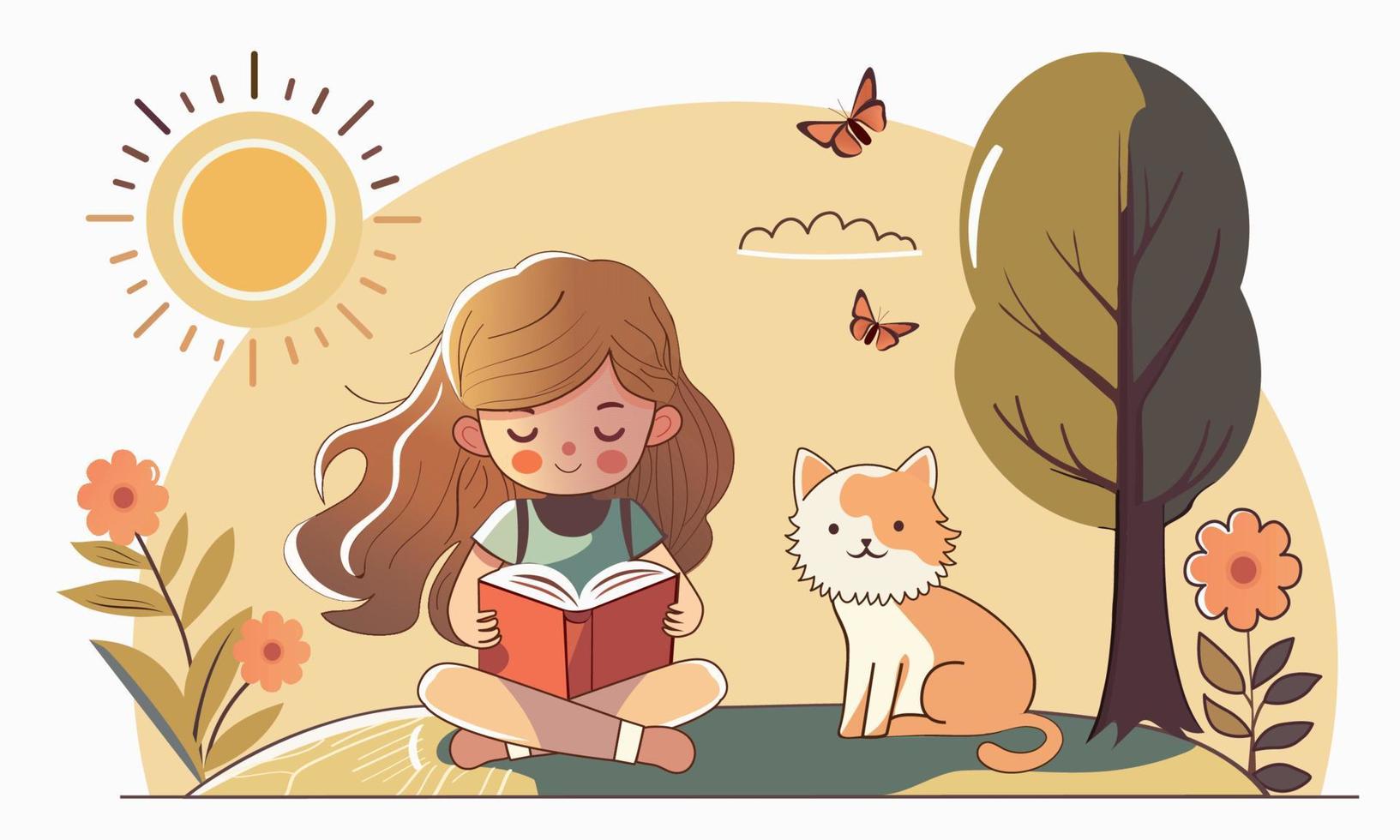 carino ragazza personaggio lettura libro con cartone animato gatto seduta, farfalle su sole natura sfondo. vettore