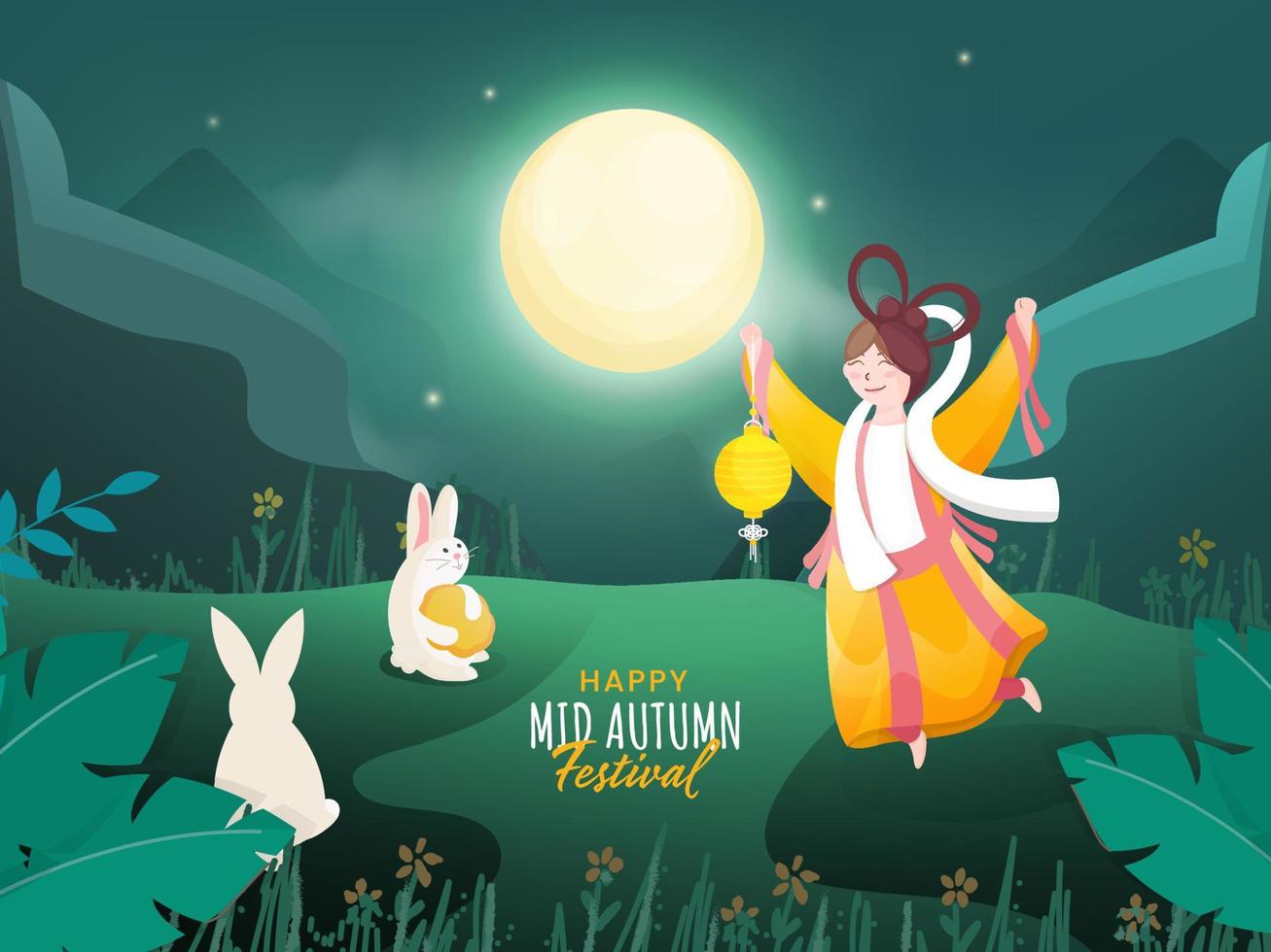 pieno Luna verde natura sfondo con cartone animato coniglietti, mooncake e Cinese dea Tenere un' lanterna per contento medio autunno Festival. vettore