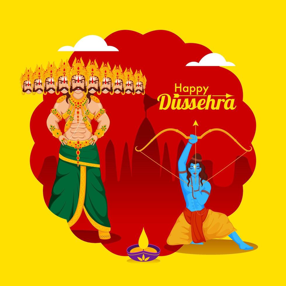 illustrazione di demone ravana con signore rama Tenere arco freccia e illuminato olio lampada su rosso e giallo sfondo per contento dussehra. vettore