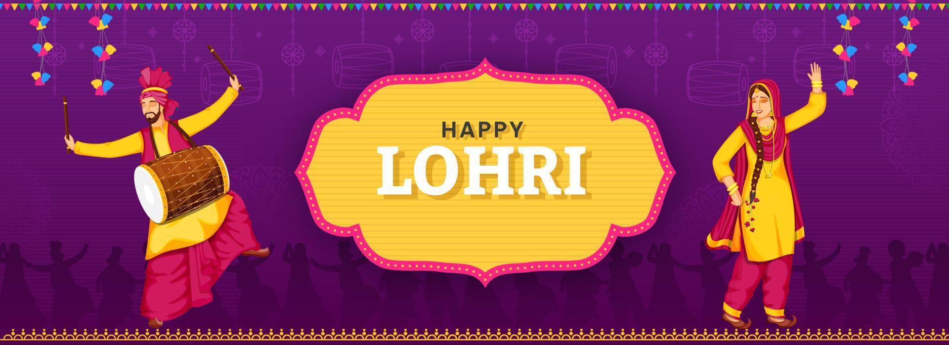 contento lohri font al di sopra di Vintage ▾ telaio con punjabi uomo giocando dhol e donna fare bhangra su viola sfondo. vettore