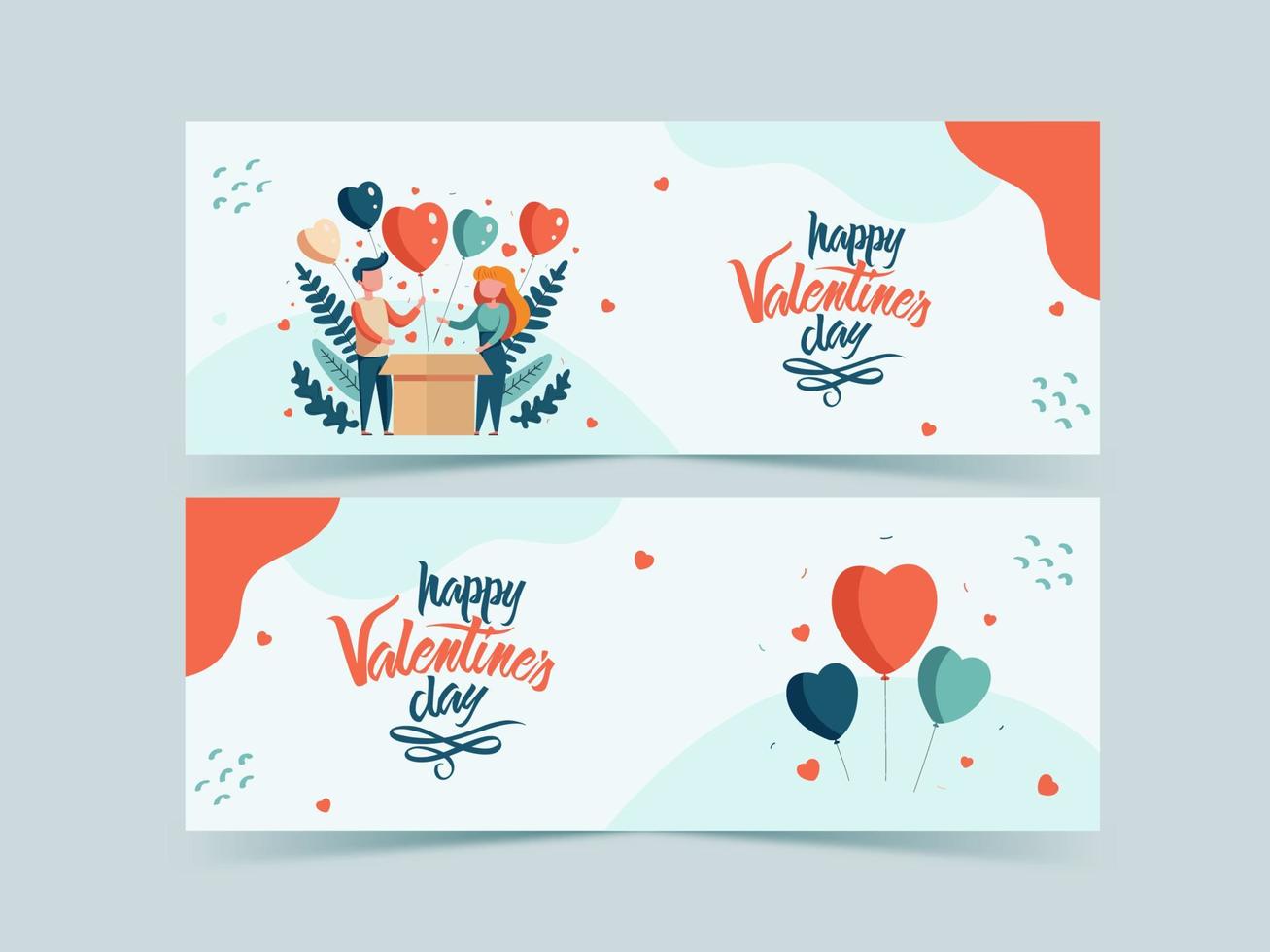 impostato di contento San Valentino giorno bandiera o intestazione design con giovane coppia personaggio in piedi vicino sorpresa scatola, cuore palloncini. vettore