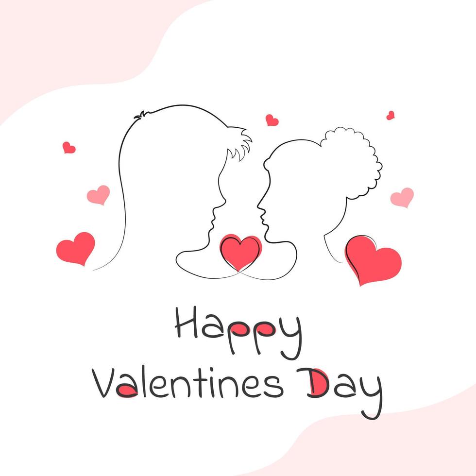 contento San Valentino giorno saluto carta con scarabocchio coppia guardare viso per viso su cuori decorato sfondo. vettore