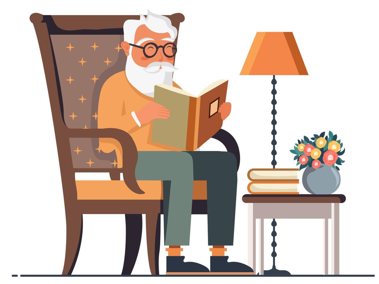 anziano barba uomo lettura un' libro a sedia vicino fiore pianta pentola su sgabello e pavimento lampada contro bianca sfondo. vettore