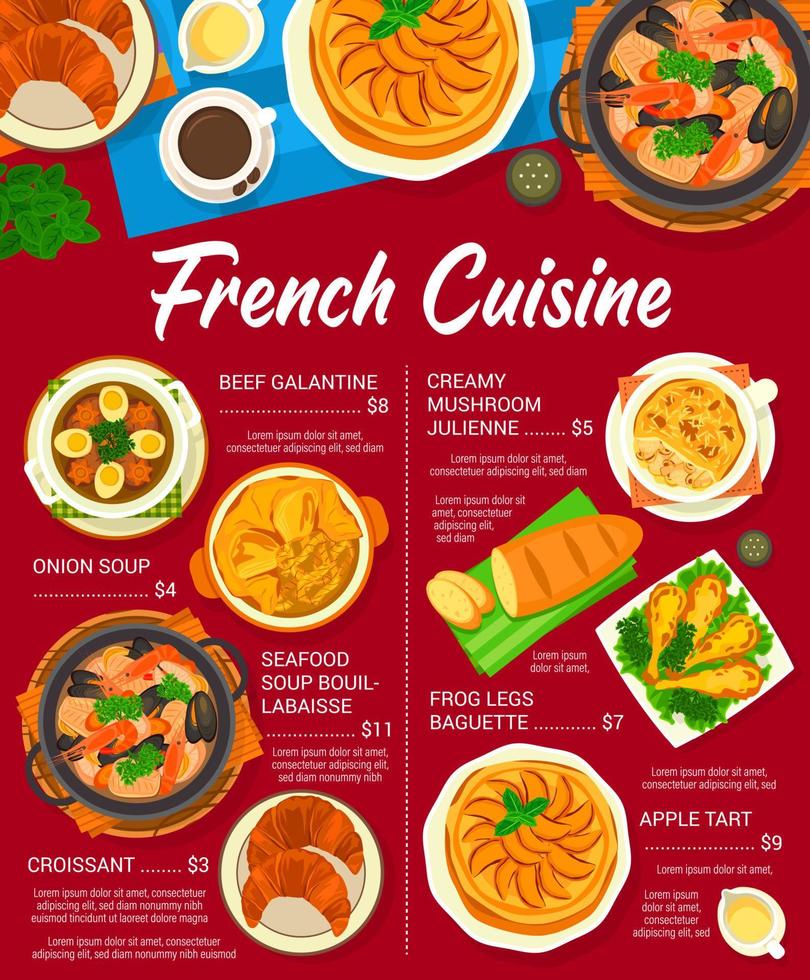 francese cucina menù, Francia cibo piatti e pasti vettore