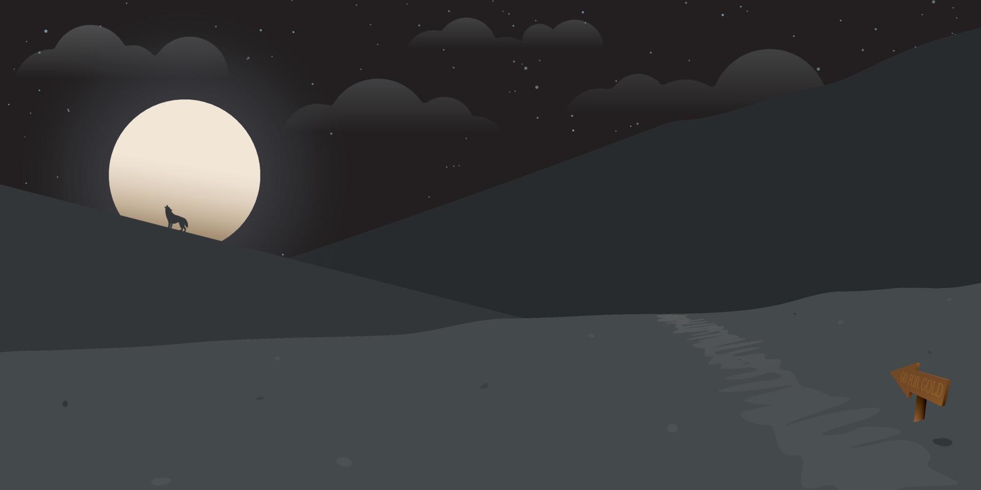 notte di mountainscape con pieno Luna e lupo ululato piatto design. escursioni a piedi tema sfondo. viaggio concetto di scoprire, esplorando e osservando natura. vettore