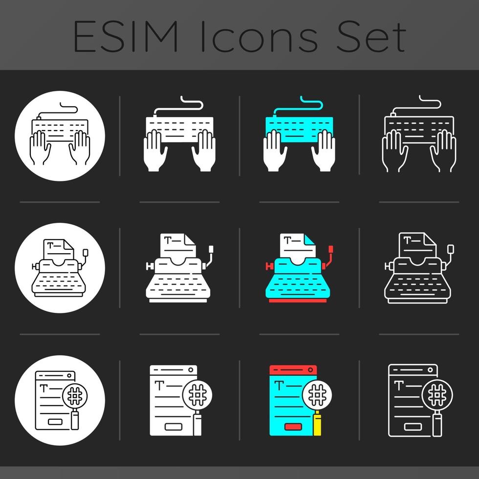 scrittura di icone di testo seo impostate set di icone a tema scuro vettore