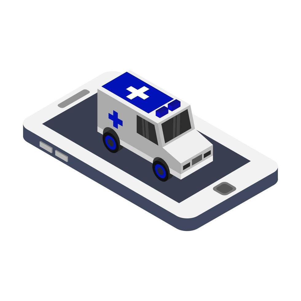 smartphone con ambulanza e emergenza isometrica vettore
