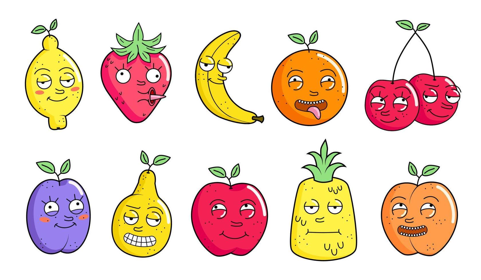 impostato di divertente estate pazzo frutta come cartone animato personaggi con facciale espressioni. vettore