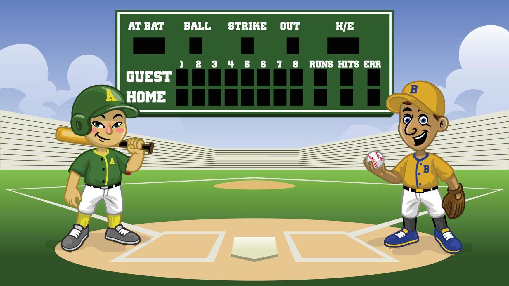 cartone animato baseball Giochi nel il stadio con banca tabellone segnapunti vettore
