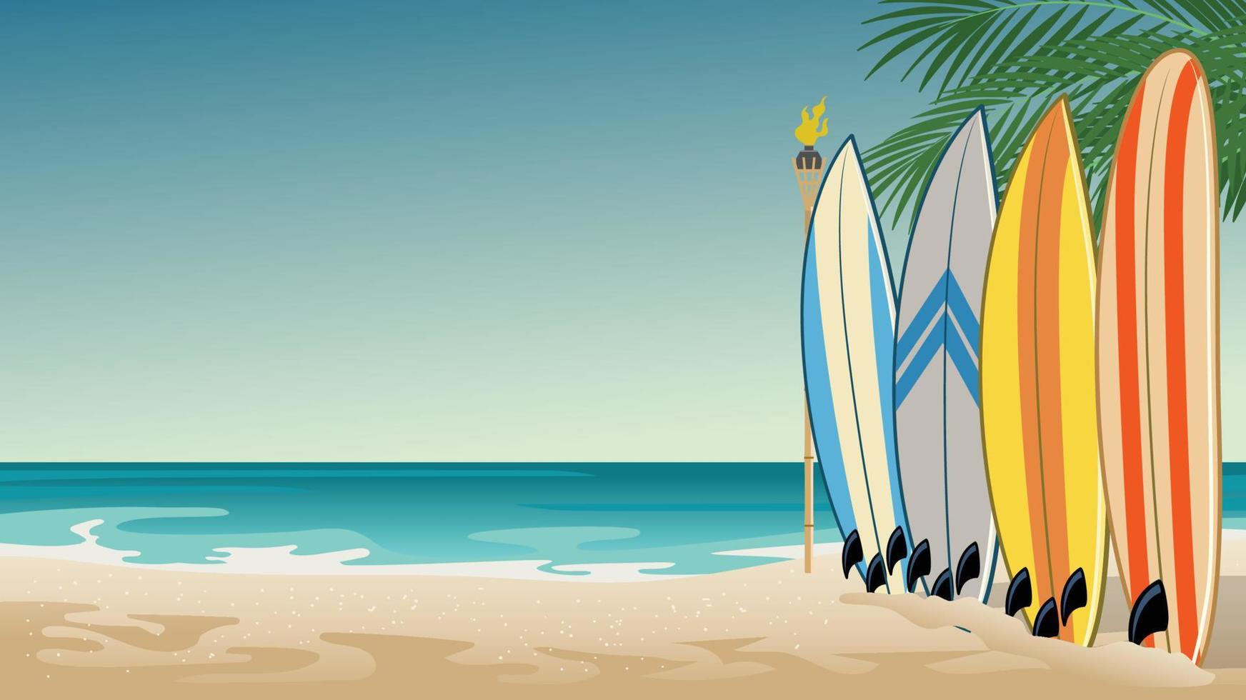 paesaggio di spiaggia con alcuni tavole da surf vettore