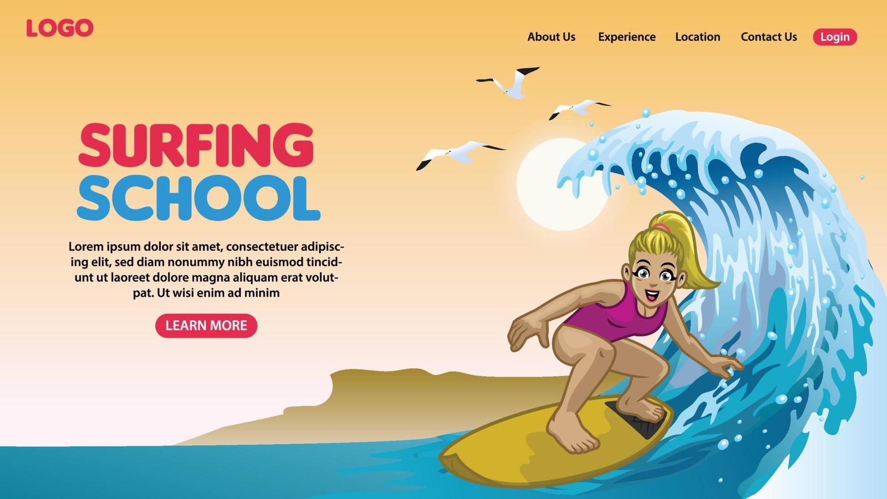 atterraggio pagina di cartone animato contento fare surf concetto vettore