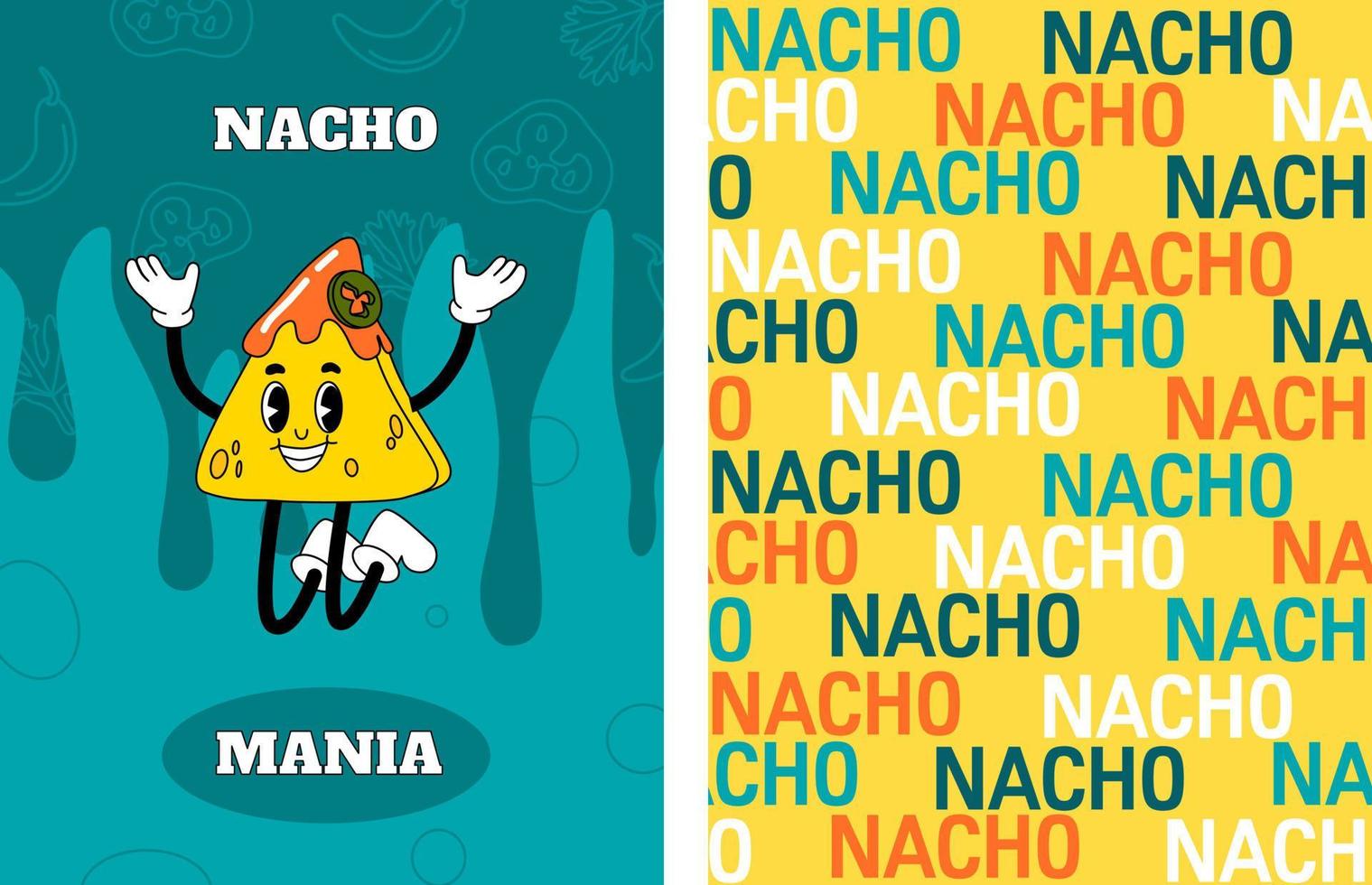 Groovy nacho carattere. messicano cibo. trippy illustrazione nel 70s stile. tradizionale merenda. Vintage ▾ senza soluzione di continuità modello per bar, foodtrack o ristorante vettore