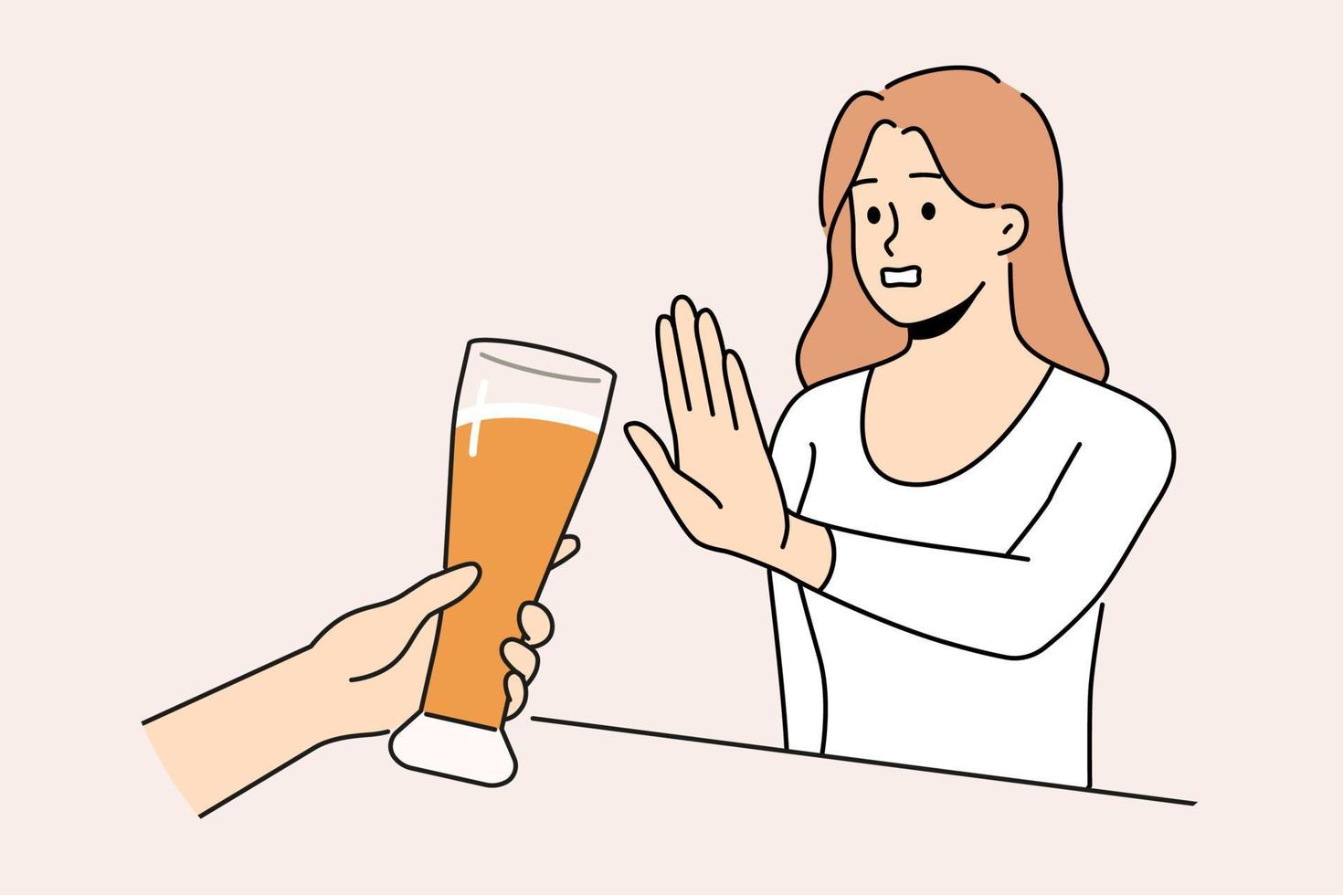 donna rifiuto a partire dal extra bicchiere di birra a sbarra. decisivo ragazza dire no per alcolizzato bevanda e eccessivo alcool consumo. dipendenza problema. vettore illustrazione.