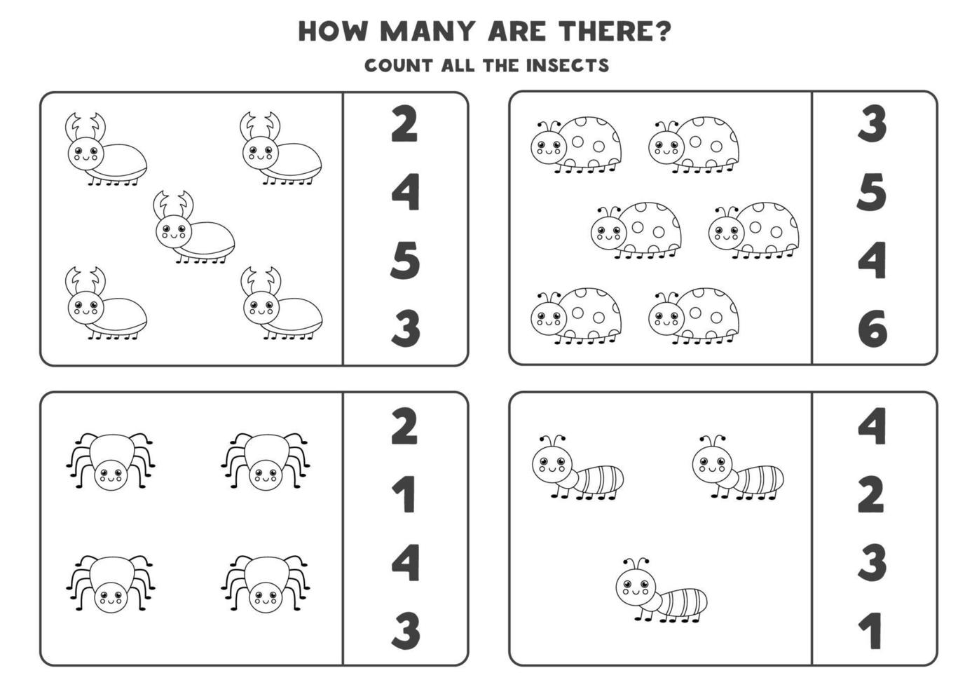 gioco di conteggio con insetti carini. foglio di lavoro di matematica. vettore