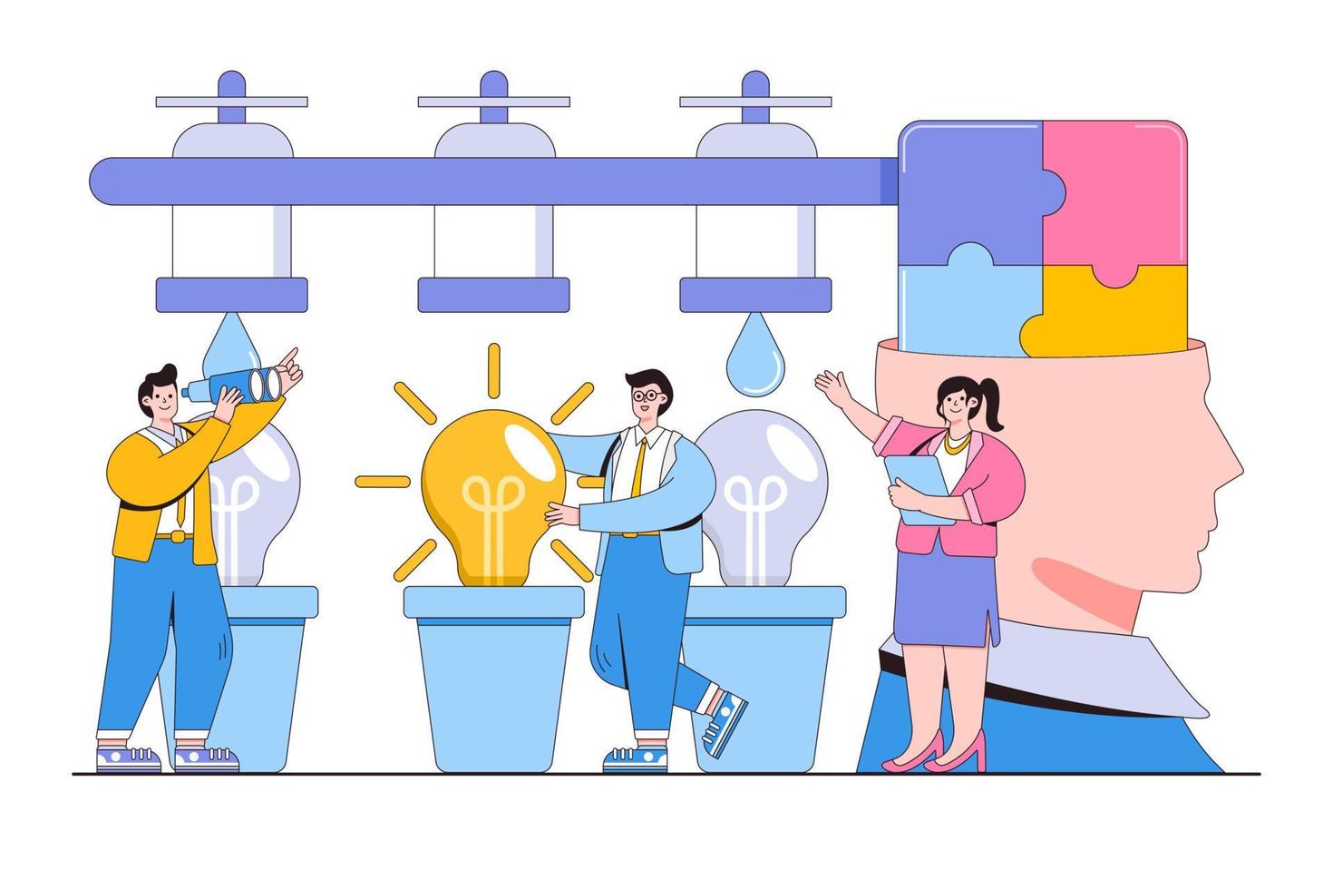 brainstorming, scoperta e generando nuovo soluzioni concetto. attività commerciale persone personaggi maturando idee modulo di leggero lampadina. schema design stile minimo vettore illustrazione per atterraggio pagina