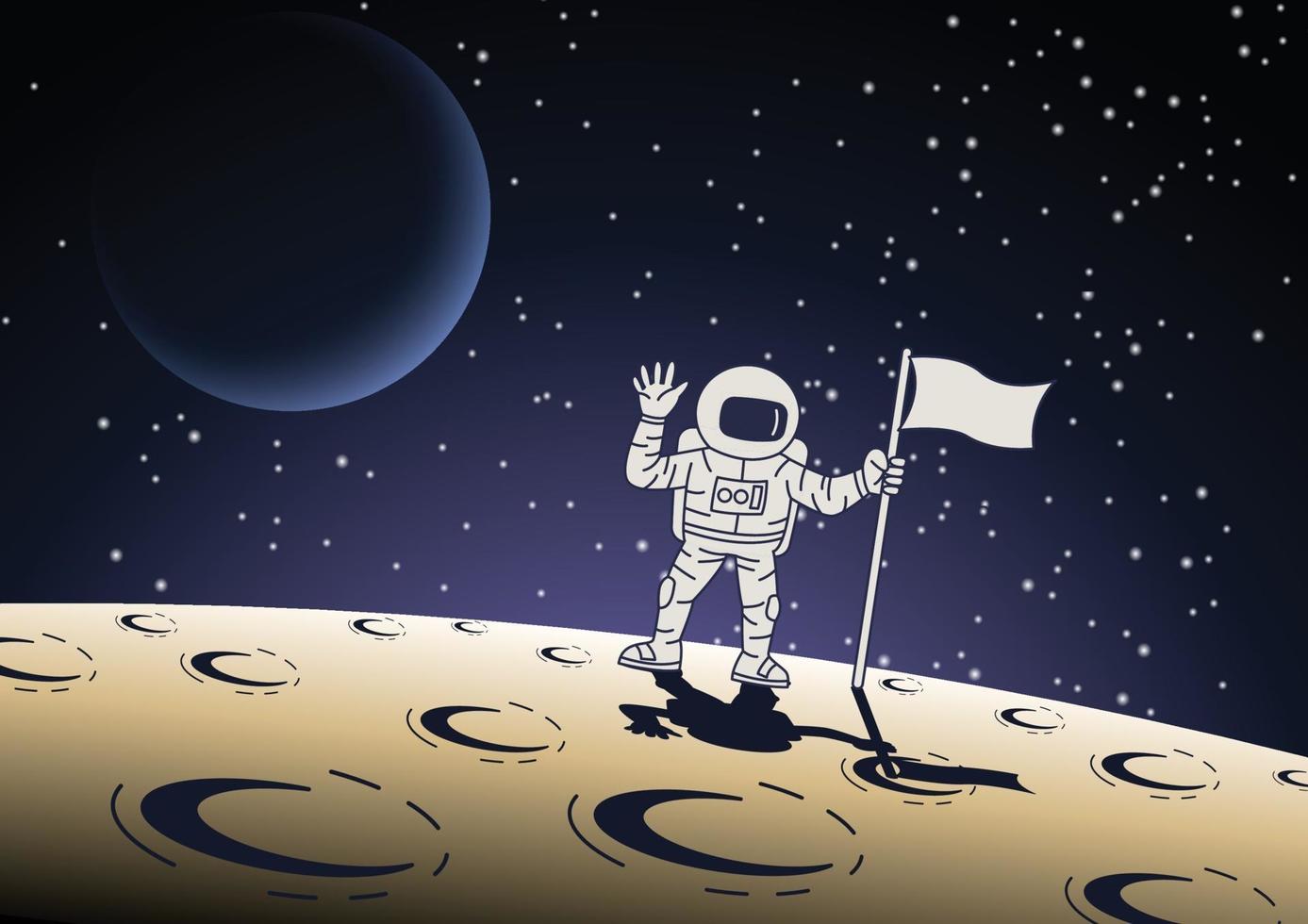 disegno del fumetto dell'astronauta che tiene una bandiera sulla superficie della luna vettore