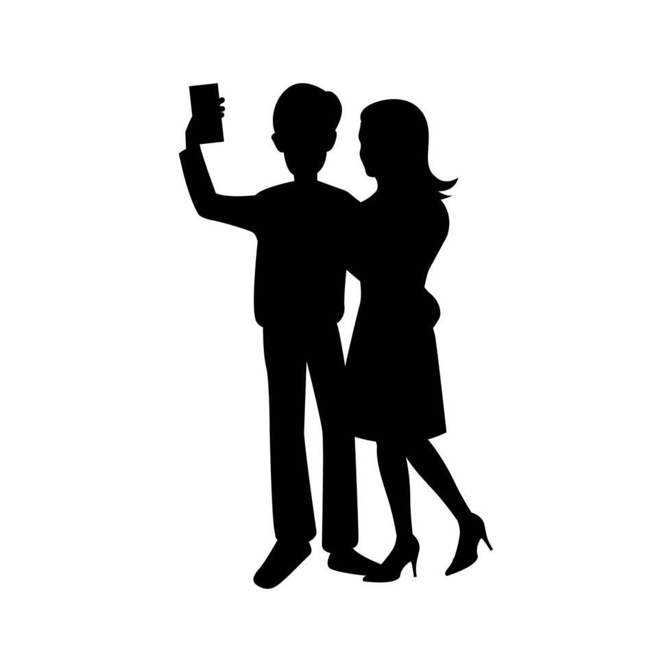 disegno della siluetta nera delle coppie isolate che prendono selfie vettore