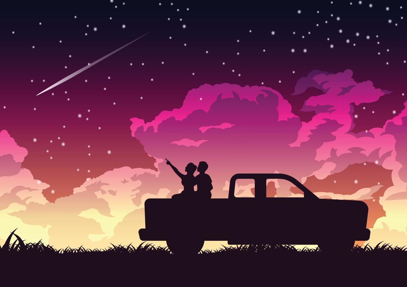 disegno silhouette di coppia sul retro del camion per guardare le stelle vettore