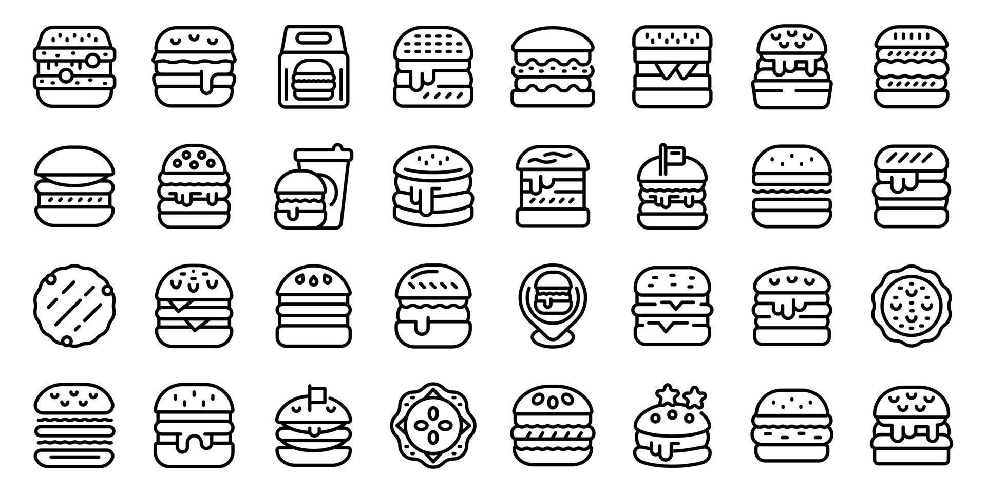 Hamburger icone impostato schema vettore. cibo hamburger vettore