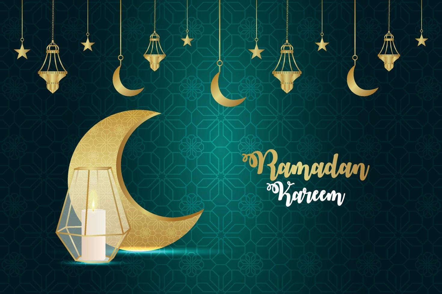 biglietto di auguri invito ramadan kareem con luna dorata e lanterna creativa su sfondo pattern vettore