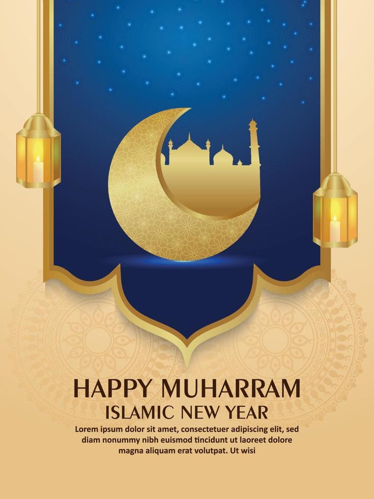 volantino di invito felice anno nuovo islamico muharram con luna e lanterna dorate realistiche vettore