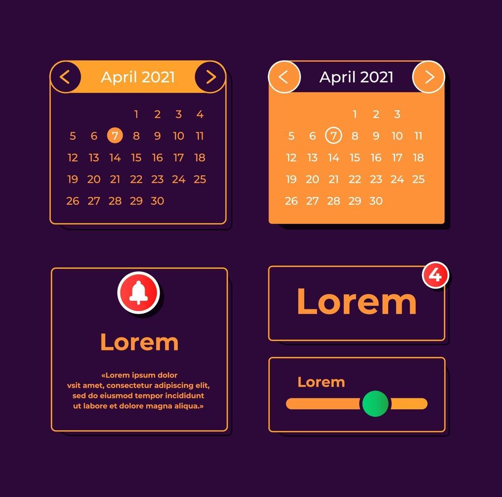 kit di elementi dell'interfaccia utente del calendario mensile vettore