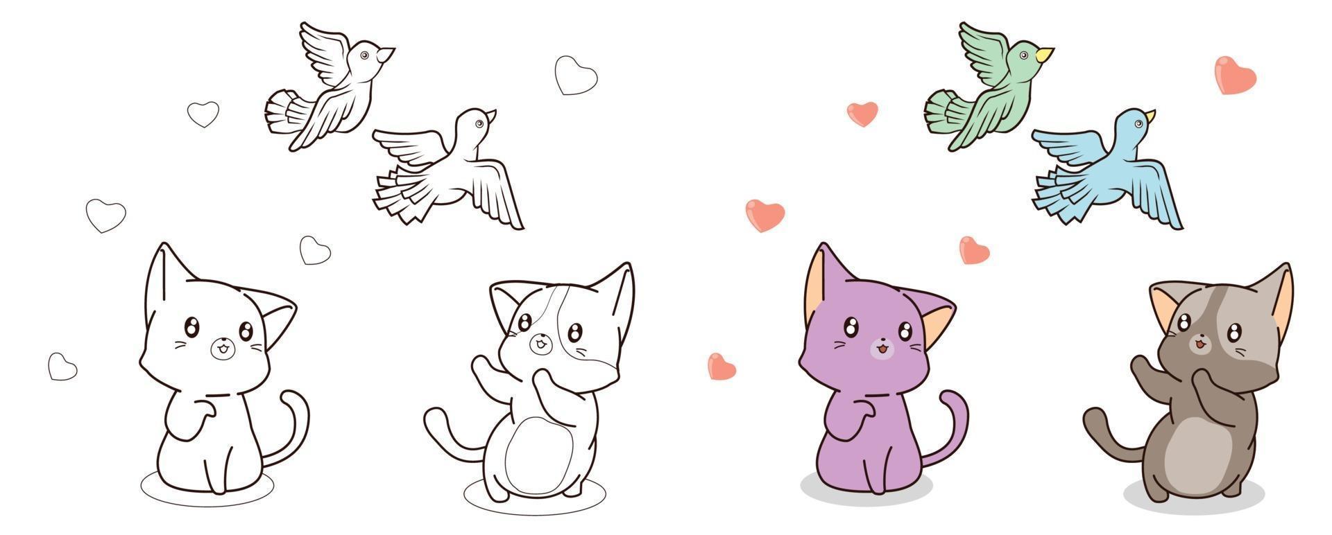 i gatti stanno vedendo gli uccelli pagina da colorare dei cartoni animati vettore