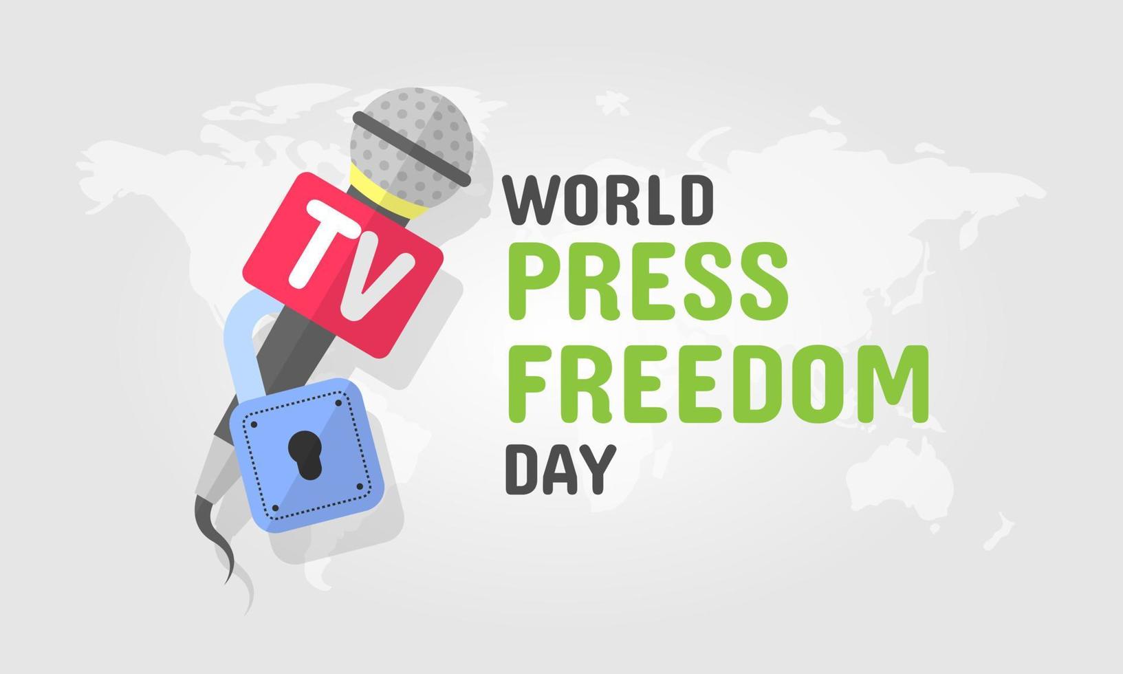 mondo stampa la libertà giorno saluto con microfono e Aperto lucchetto vettore