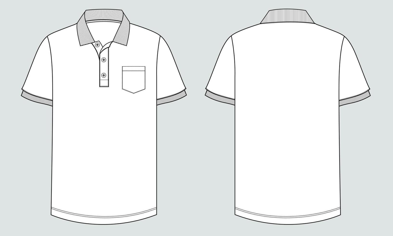 corto manica polo camicia tecnico moda piatto schizzo vettore illustrazione modello davanti e indietro visualizzazioni. capi di abbigliamento design finto su per Uomini isolato su grigio sfondo.