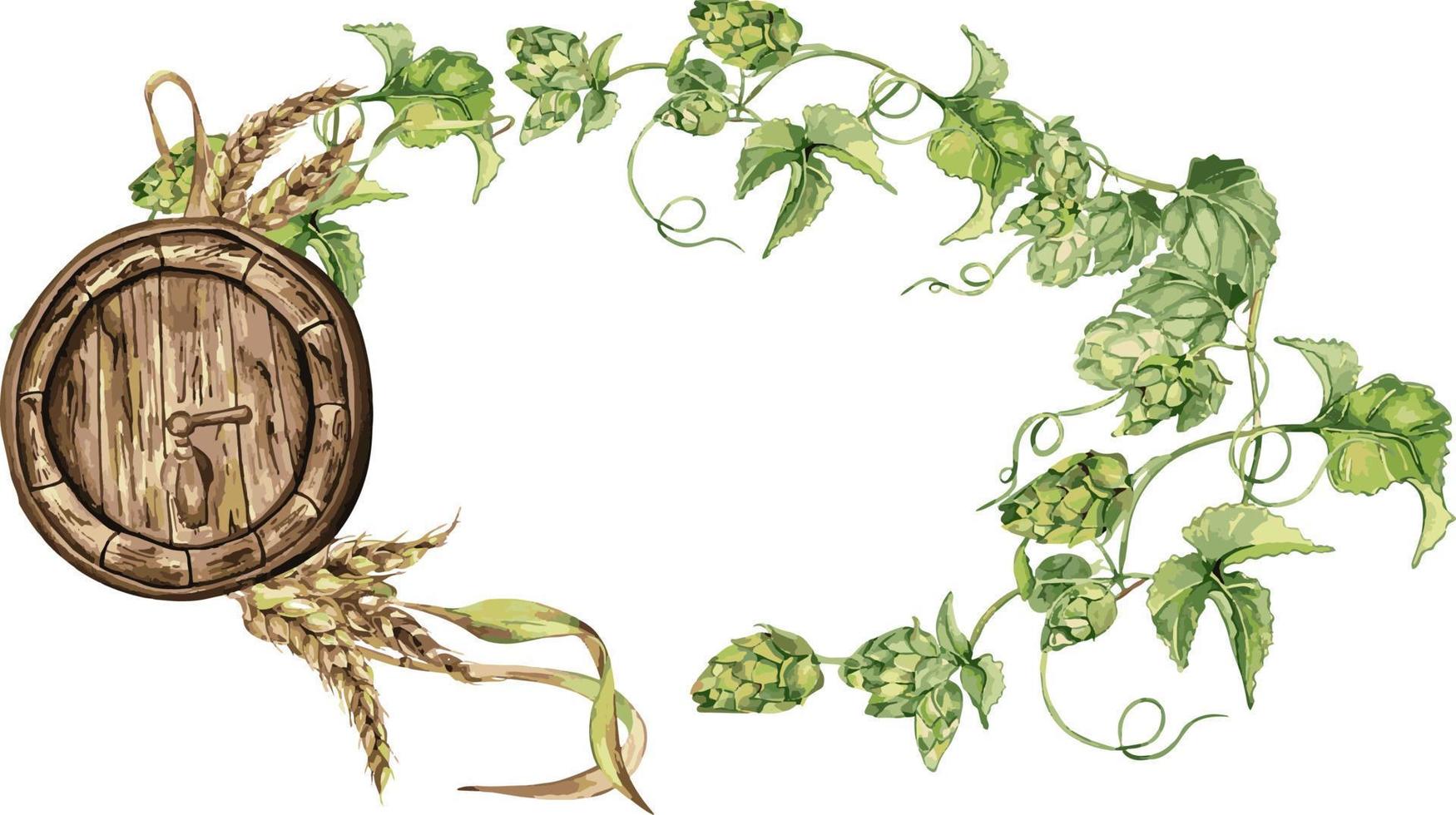 di legno birra barile e luppolo vite, Grano orecchio acquerello illustrazione isolato su bianca. vettore