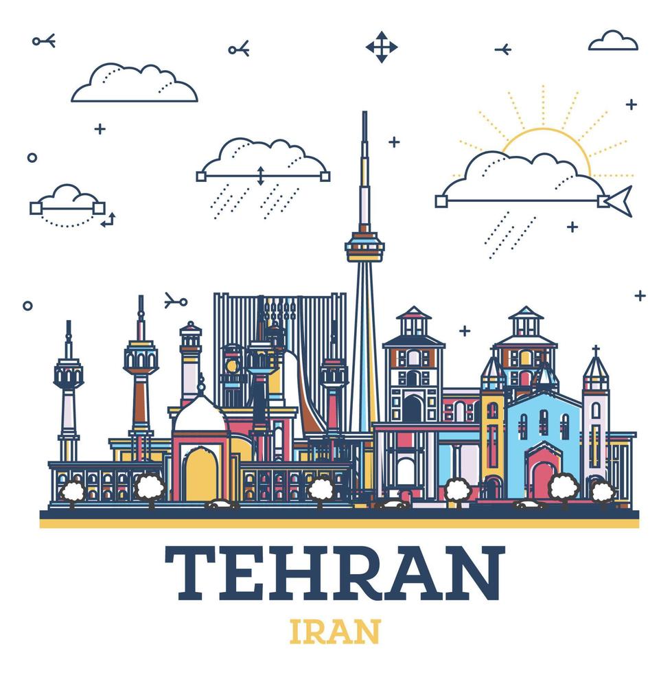 schema tehran mi sono imbattuto città orizzonte con colorato storico edifici isolato su bianca. teheran Persia paesaggio urbano con punti di riferimento. vettore