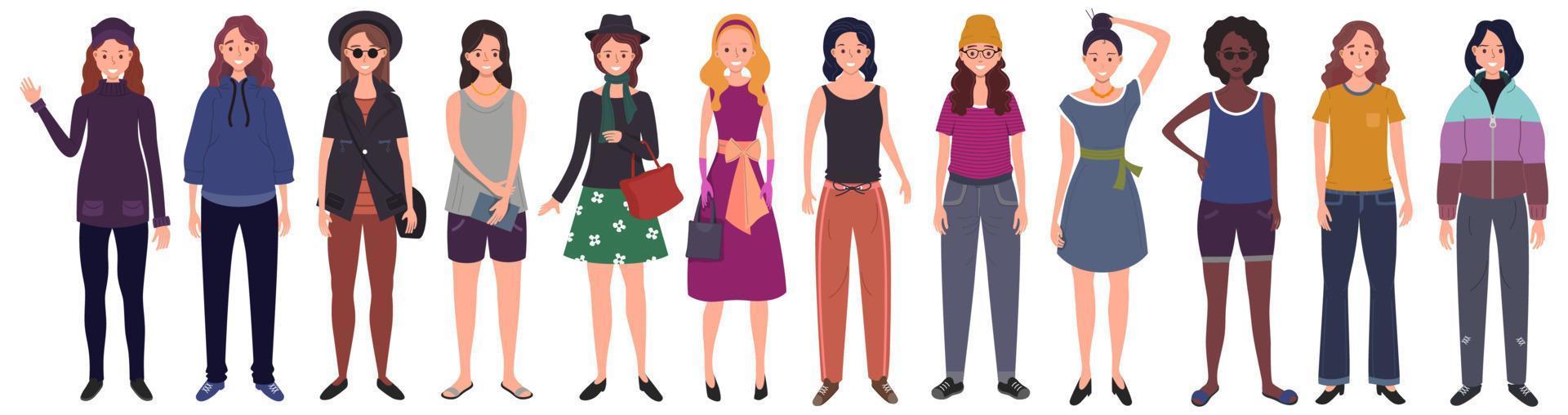 impostato di donne vestito nel di moda casuale Abiti. piatto cartone animato vettore illustrazione