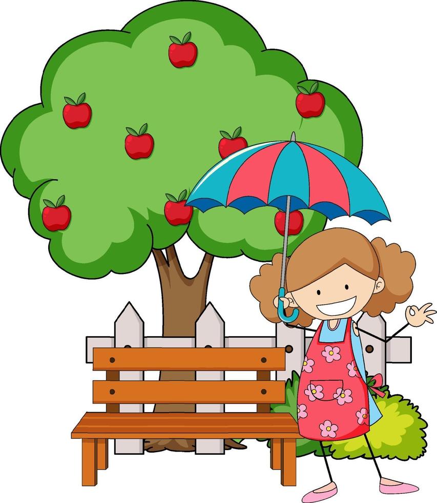 Doodle personaggio dei cartoni animati una ragazza con un ombrello con melo vettore