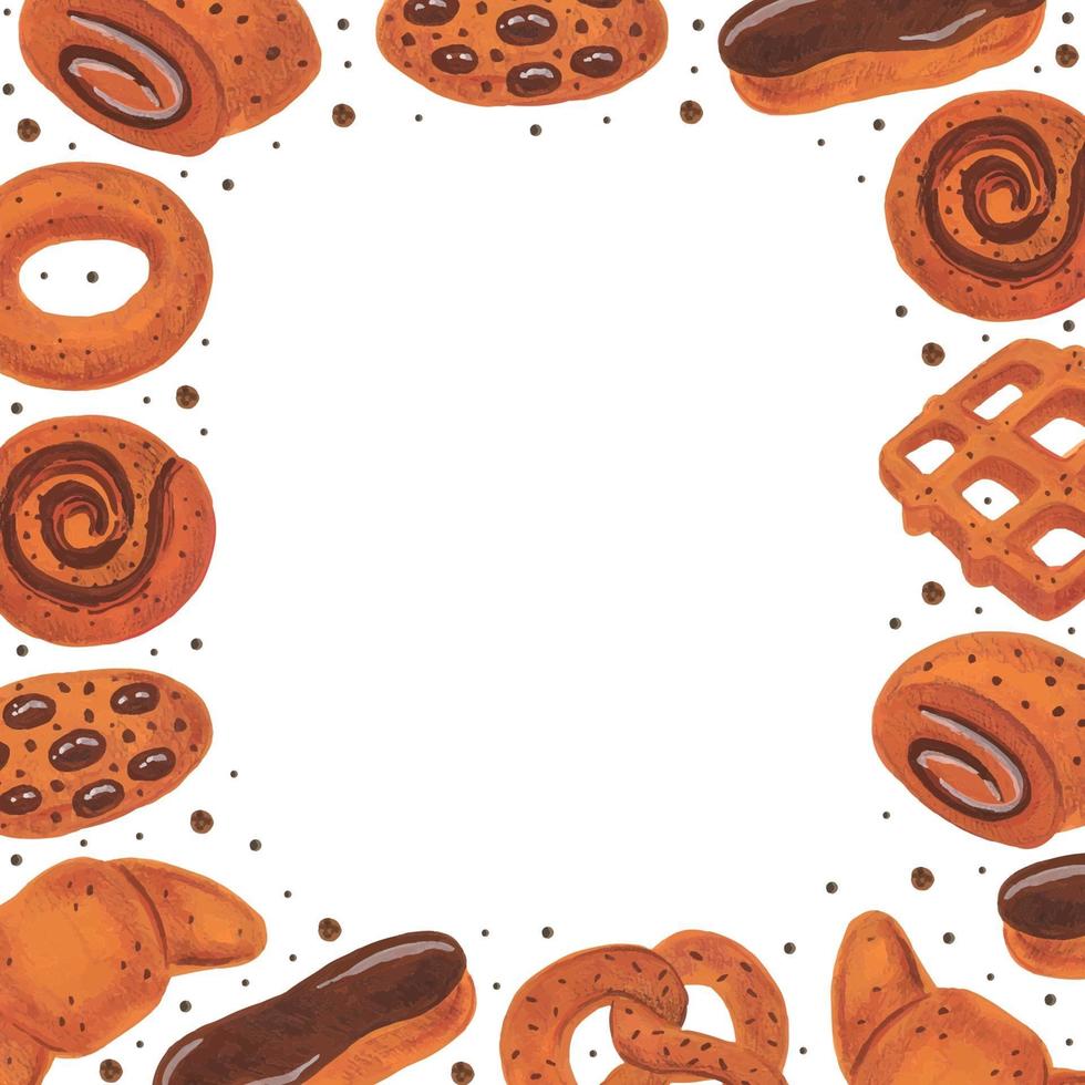 design della carta da forno con cornice. boulangerie. pretzel, donut, croissant, bagel, roll, eclair, waffle, cookies. cibo dell'acquerello. vettore