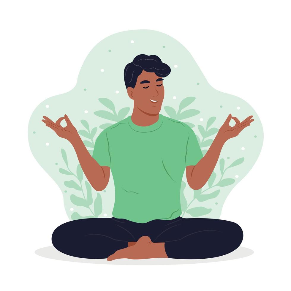 mondo mentale Salute giorno illustrazione. nero uomo Meditare con occhi Chiuso. vettore