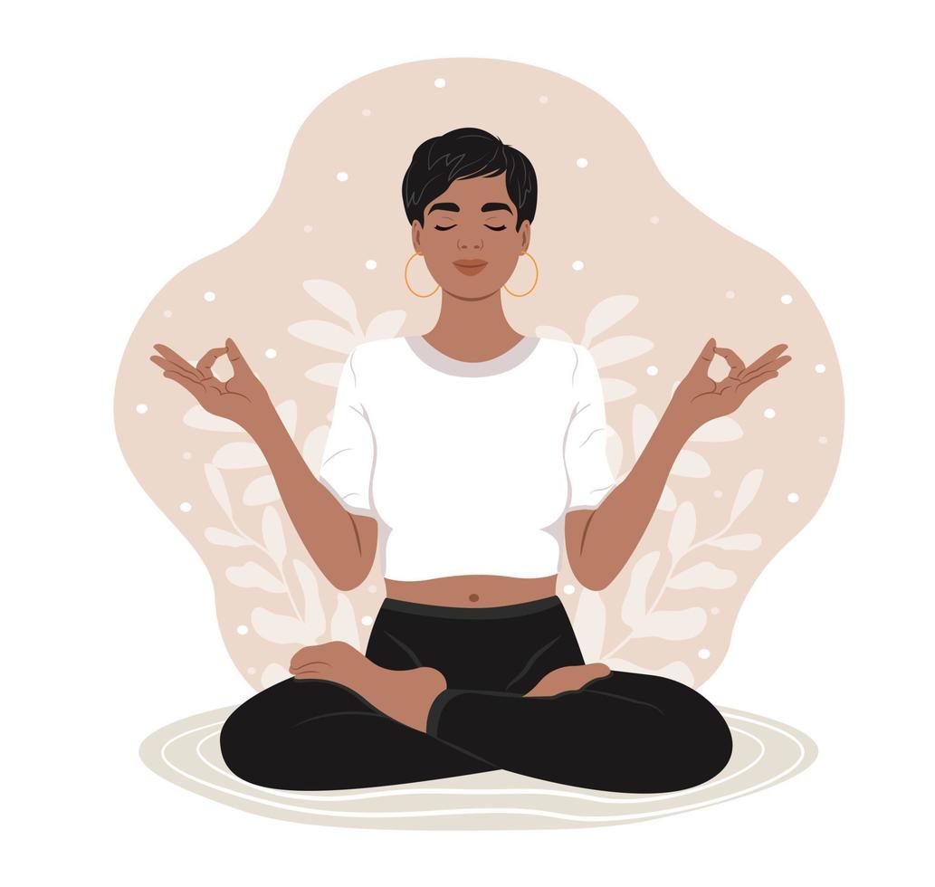 mondo mentale Salute giorno illustrazione. nero donna Meditare con occhi Chiuso. vettore