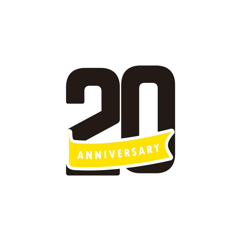 Numero di anniversario di 20 anni con l'illustrazione di progettazione del modello di vettore di celebrazione del nastro giallo